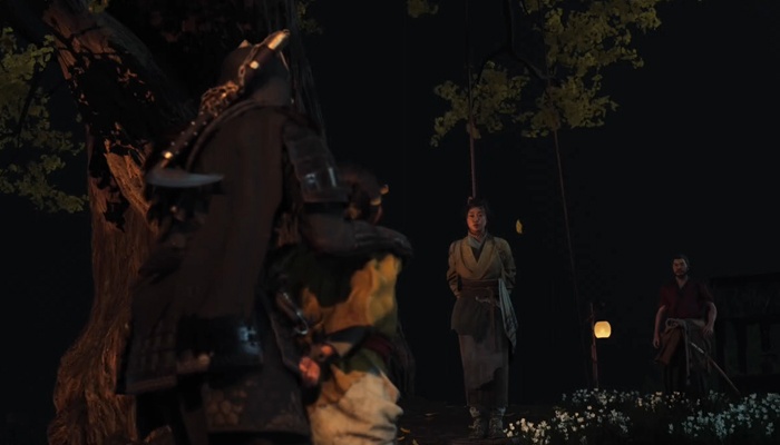 Atsu y Jubei Ghost of Yotei Yone Saito noche árbol en llamas
