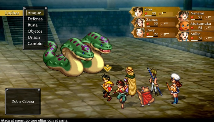 Suikoden I&II HD Remaster combate por turnos jefe
